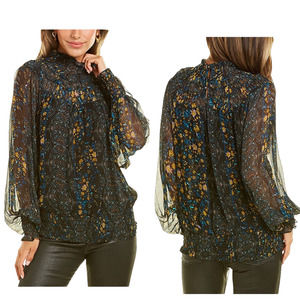 Ramy Brook Janie Floral Printed Ruffle Mock Neck Blouse Black Size Large NWT